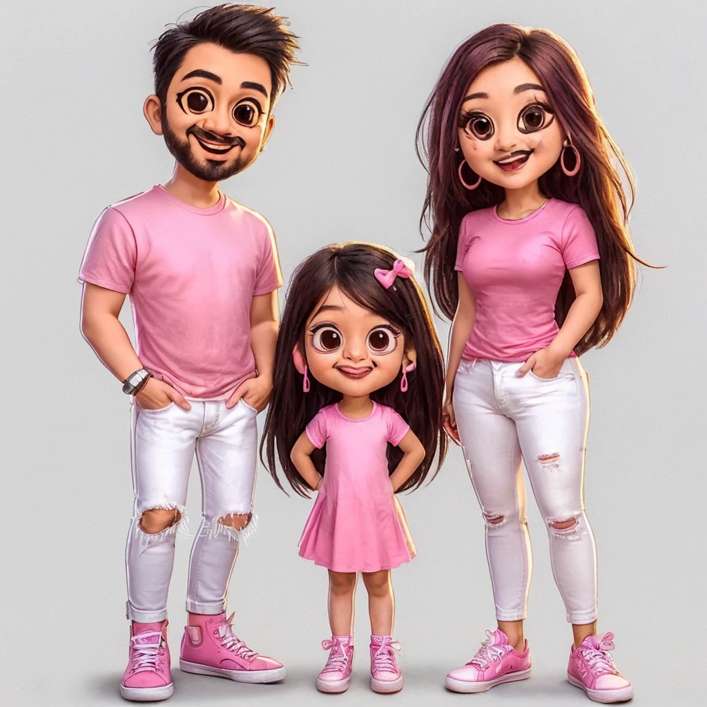 caricature 4D realistic with large heads. On the left, depict an adult Indonesian Asian man wearing a pink t-shirt, ripped white jeans, and white sneakers. On the right, depict an adult Indonesian Asian woman with long hair, wearing a pink t-shirt, white jeans, and pink high heels. In the middle, show a 3-year-old Indonesian Asian girl wearing a pink dress and pink shoes. They are standing side by side, smiling and showing a sense of camaraderie and familiarity. The background should be cool with musical elements, high quality photo, 8K, realistic