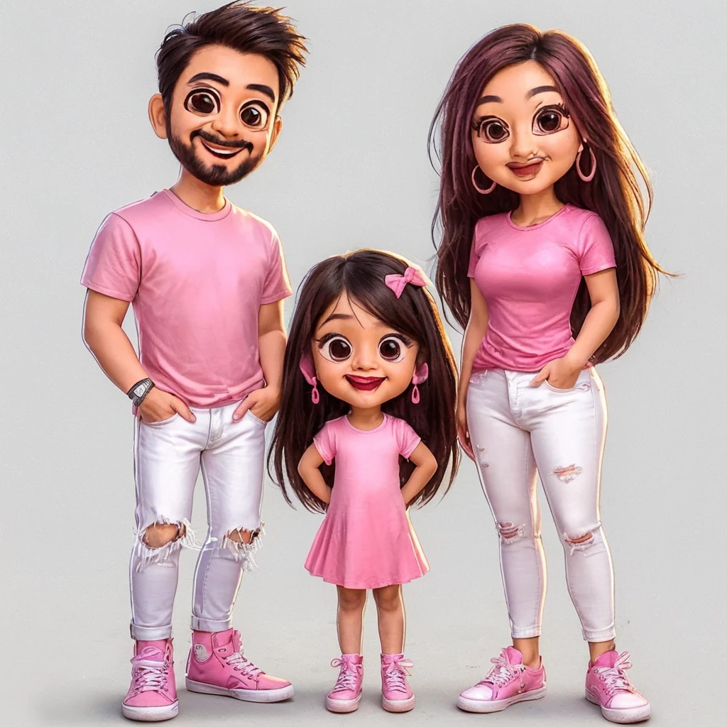 caricature 4D realistic with large heads. On the left, depict an adult Indonesian Asian man wearing a pink t-shirt, ripped white jeans, and white sneakers. On the right, depict an adult Indonesian Asian woman with long hair, wearing a pink t-shirt, white jeans, and pink high heels. In the middle, show a 3-year-old Indonesian Asian girl wearing a pink dress and pink shoes. They are standing side by side, smiling and showing a sense of camaraderie and familiarity. The background should be cool with musical elements, high quality photo, 8K, realistic
