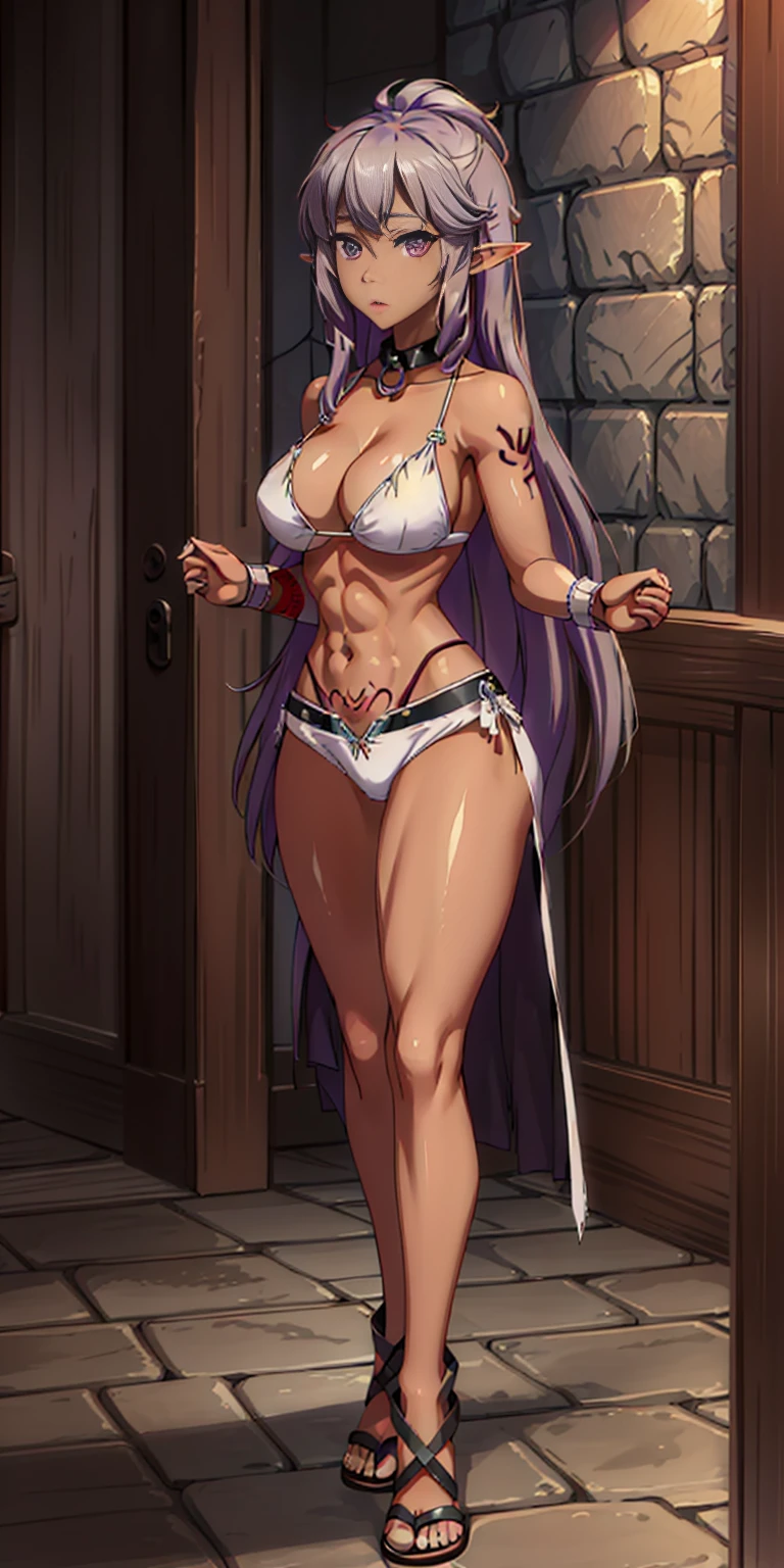 ((1woman)) whole body, standing, gray skin, drow, elf, 1 girl, maduro, purple eyes, by white, black bikini, ABS, Large knockers, tattered rags, chain collar, stomach tattoo (red tattoo)