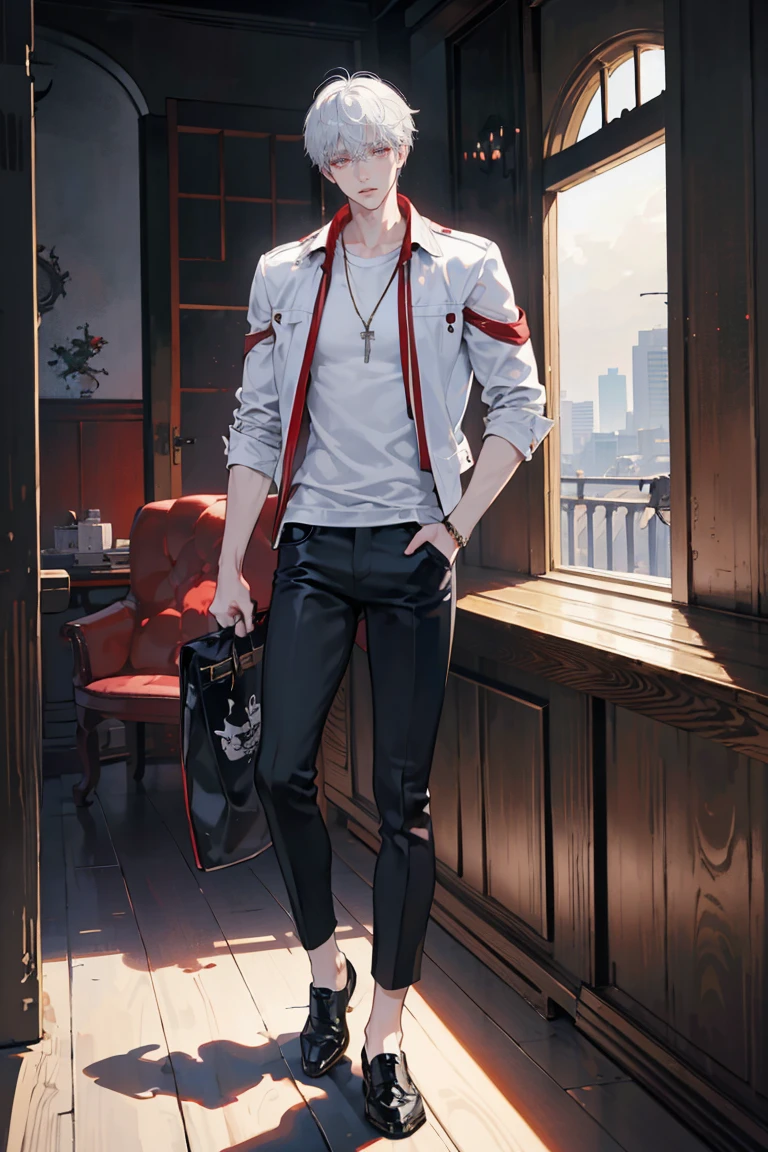 anime - (masterpiece), best quality, seductive eyes, mature face, red eyes, short messy white haircut, short length white hair, plain white t shirt, black leather jacket, black pants, tall man, long legs, masculine, broad shoulders, adult-like, full body, both hands on his pockets