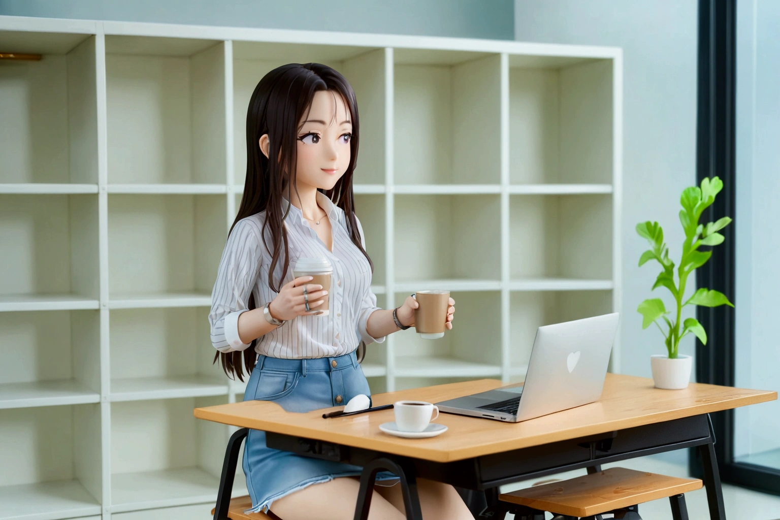 working woman staying on office, she holding a cup of coffee, wearing shirt and denim mini skirt, laptop on desk, (1girl, solo, full body), (masterpiece, best quality, highly detailed)