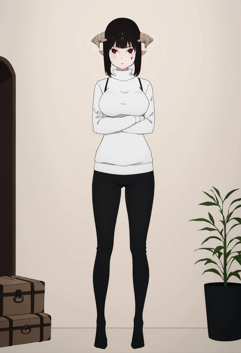 (work of art, ultra detali,high resolution,8K), 1 girl ,standing alone,hinterland,Look to viewer, TochaTortura, trunk,sheen,brunette skin,tight white turtleneck sweatshirt,black socks,standing,brava,horns on head,blushed,face red,arms crossed,room,plant