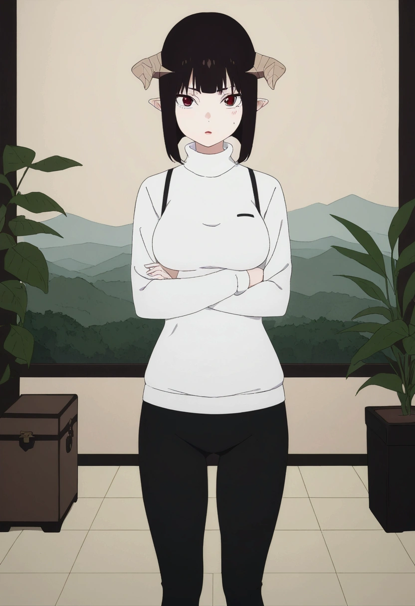 (work of art, ultra detali,high resolution,8K), 1 girl ,standing alone,hinterland,Look to viewer, TochaTortura, trunk,sheen,brunette skin,tight white turtleneck sweatshirt,black socks,standing,brava,horns on head,blushed,face red,arms crossed,room,plant