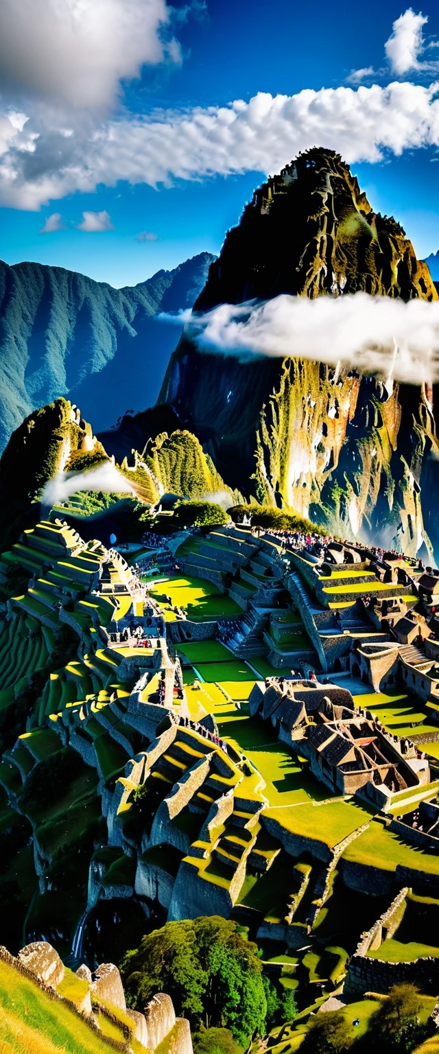 (Highest quality),(masterpiece:1.2),(Very detailed:1.2),Ultra-high resolution,RAW color photos,8K,Vast landscape photography,Realistic photos,Elaborate photos,Skydiving viewpoint,Written boundary depth,Sharp focus,In the clouds,Machu Picchu,Asahi,Beautiful colors,Written boundary depth,Wide Light,Low contrast,Backlight,Sharp focus,Vibrant colors,moving composition