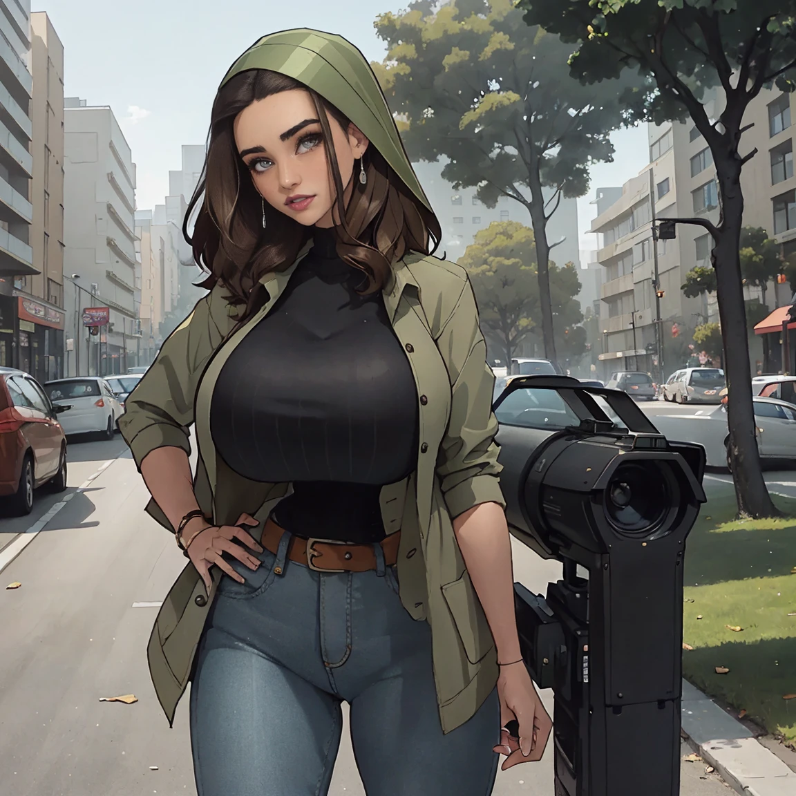 Extremely busty thin and toned brunette photographer, college girl, fair skin, loose side sweep, soft face, athletic, bandana babushka headwrap, tight olive green casual windbreaker, skinny jeans. standing in front of her apartment building, outdoors, city, camera bag, cleavage