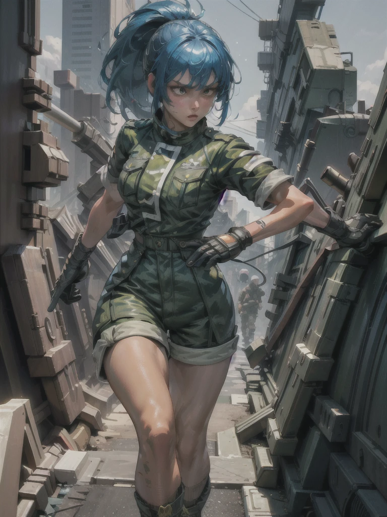 30-year-old woman, alone, athletic, blue hair tied in a ponytail, wears green military shorts, wears a green military top, wears dark gloves, has military boots, high resolution, perfect image, very detailed, high contrast, colors digital, simple, medium shot, cinematic, ultra-sharp focus, award-winning photography, perfect contrast, high sharpness, depth of field, ultra-detailed photography. global illumination, fluid, ultra high definition, 8k, Unreal Engine 5, ultra sharp focus, award-winning photography, Art Season Trends,
