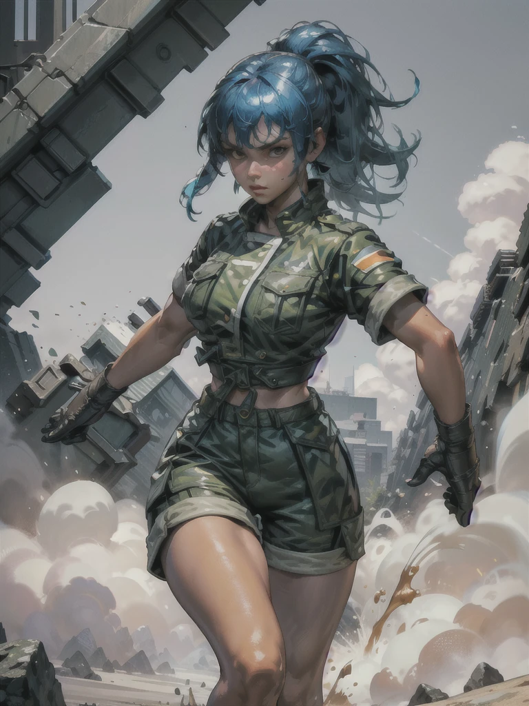 30-year-old woman, alone, athletic, blue hair tied in a ponytail, wears green military shorts, wears a green military top, wears dark gloves, has military boots, high resolution, perfect image, very detailed, high contrast, colors digital, simple, medium shot, cinematic, ultra-sharp focus, award-winning photography, perfect contrast, high sharpness, depth of field, ultra-detailed photography. global illumination, fluid, ultra high definition, 8k, Unreal Engine 5, ultra sharp focus, award-winning photography, Art Season Trends,
