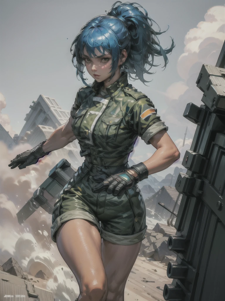 30-year-old woman, alone, athletic, blue hair tied in a ponytail, wears green military shorts, wears a green military top, wears dark gloves, has military boots, high resolution, perfect image, very detailed, high contrast, colors digital, simple, medium shot, cinematic, ultra-sharp focus, award-winning photography, perfect contrast, high sharpness, depth of field, ultra-detailed photography. global illumination, fluid, ultra high definition, 8k, Unreal Engine 5, ultra sharp focus, award-winning photography, Art Season Trends,
