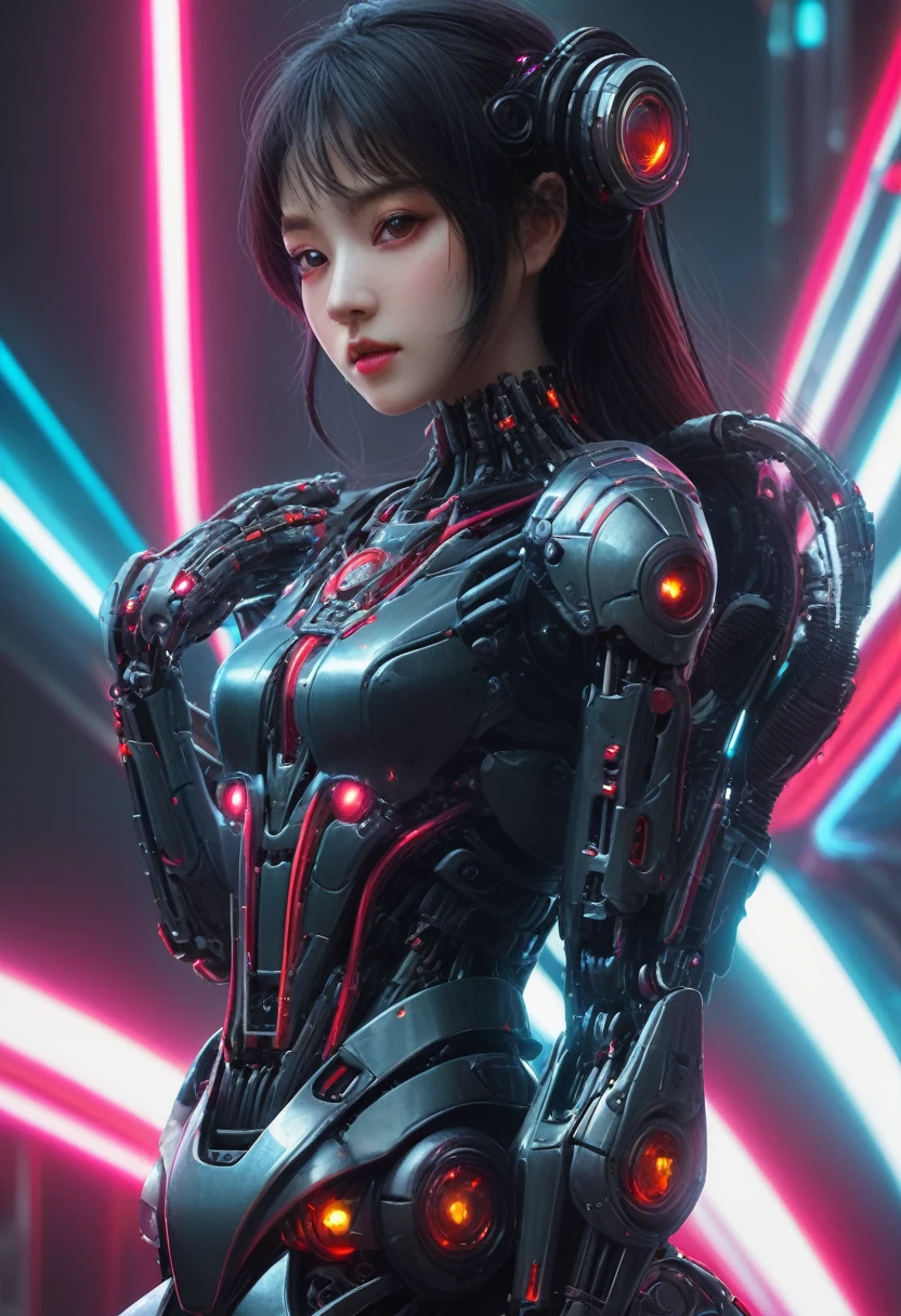 xxmixgirl. Highly detailed professional 35mm film, bokeh, face in sharp focus. A robotic female, Miku, with ((metal skin)), ((perfect Asian eyes)) with magenta irises and ((black pupils)), beautiful serious (detailed face), 18 year old ((photorealistic face)), very long magenta twin tails of magenta hair, twin black hair ties with a single red stripe. She may have a black audio headpiece. We can see her ((full body)) down to her boot soles. Her outfit is a sleeveless collared light grey shirt, outlined in red around the frilled collar and hems. Shiny reflective ((metallic breast cups, dimpleless)), invisible nipples. She wears black sleeves with red hems that start around her upper arm and bellow out as the sleeves open and extend to her wrists, with wide trumpet red rimmed cuffs. She has perfect robotic (detailed hands). She wears a red colored tie with two horizontal solid parallel black lines halfway across. She wears a fabric black skirt with a horizontal red hem at the bottom all the way around; her (((black skirt wraps around her))) and ((her skirt completely covers)) her robotic waist and thighs. Tall black boots with red bottom soles, a red rim around the top at her thighs. Her mechanical shoulder joints are visible. We can see her robotic legs and robotic neck. Half of her is covered with shiny polished machinery. The background is a distant dark neon futuristic Japanese city, gold, cyan, violet neon, near harbor or mountains.