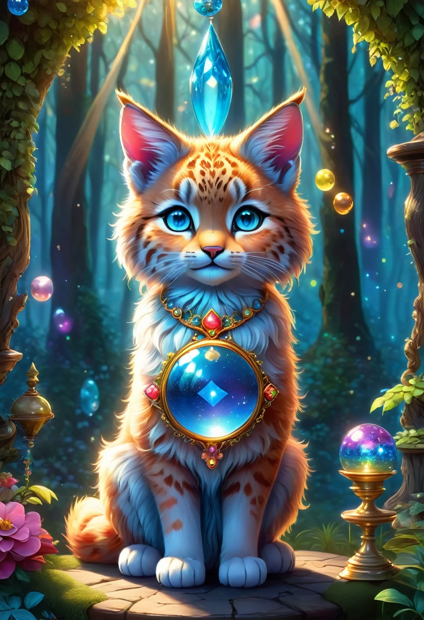 (tarot cards:1.5,rotary symmetrical),(tmasterpiece),(ultra - detailed:1.3),Best quality,(Sparkling:1.2),(magical forest :1.4), 1lynx,little female lynx dressed in a blue vintage dress, she has paws and claws, she has blue eyes, she is very detailed, she stands upright, very cute and beautiful,fantasy magic style, and other decorations, A world of dreams, Cute cartoon design style, Bubble Mart, Vibrant colors,bright,1.4x realism,hyper HD,All shown in this beautiful scene,(The content is very detailed,Reasonable design,Clear lines,High- sharpnesasterpiece,movie light effect,8K)
