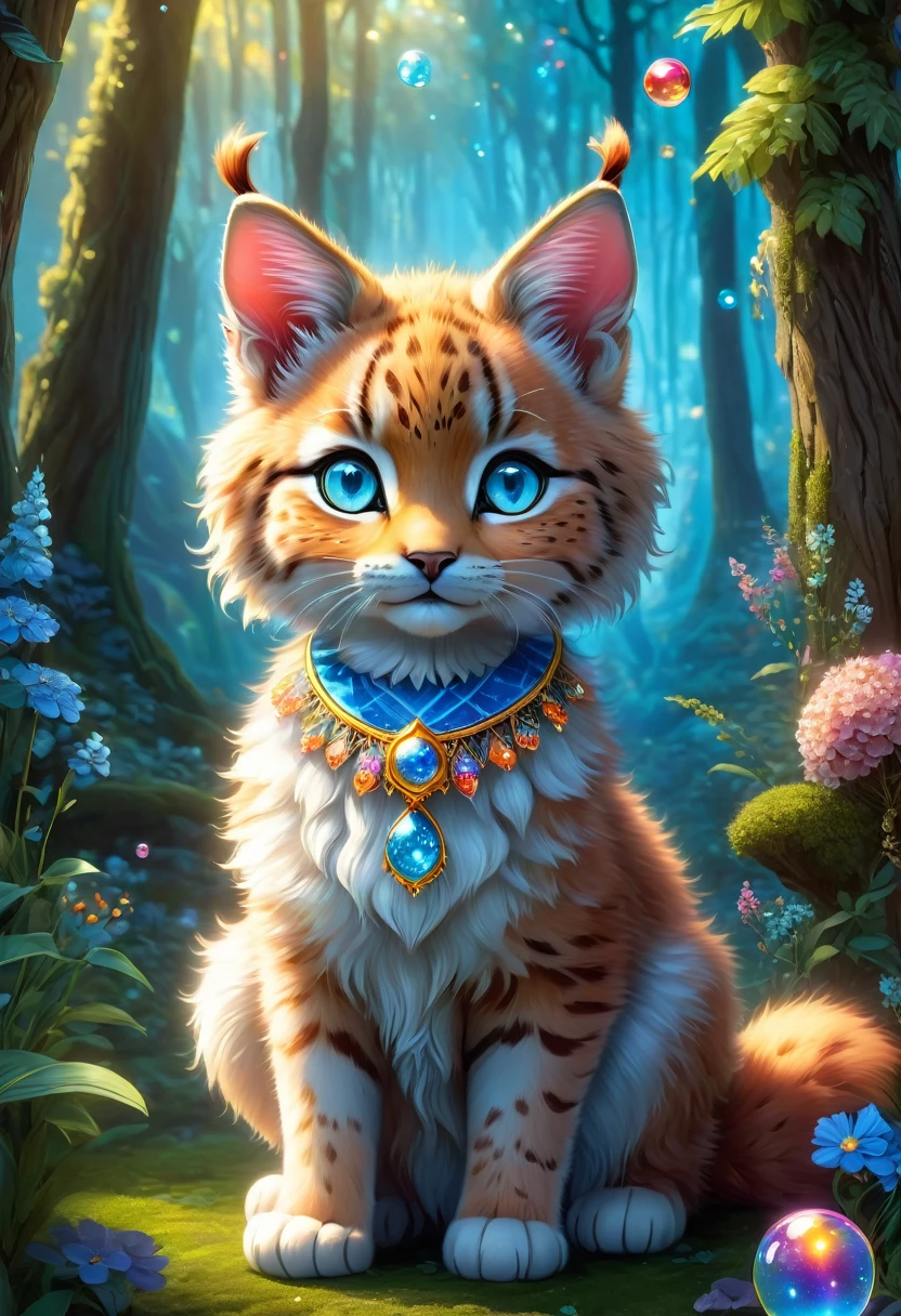 (tarot cards：1.5，rotary symmetrical），(tmasterpiece),（ultra - detailed：1.3），Best quality，（Sparkling:1.2），（magical forest :1.4), 1lynx，little female lynx dressed in a blue vintage dress, she has paws and claws, she has blue eyes, she is very detailed, she stands upright, very cute and beautiful，fantasy magic style, and other decorations, A world of dreams, Cute cartoon design style, Bubble Mart, Vibrant colors，bright，1.4x realism，hyper HD，All shown in this beautiful scene，（The content is very detailed，Reasonable design，Clear lines，High- sharpnesasterpiece，movie light effect，8K）