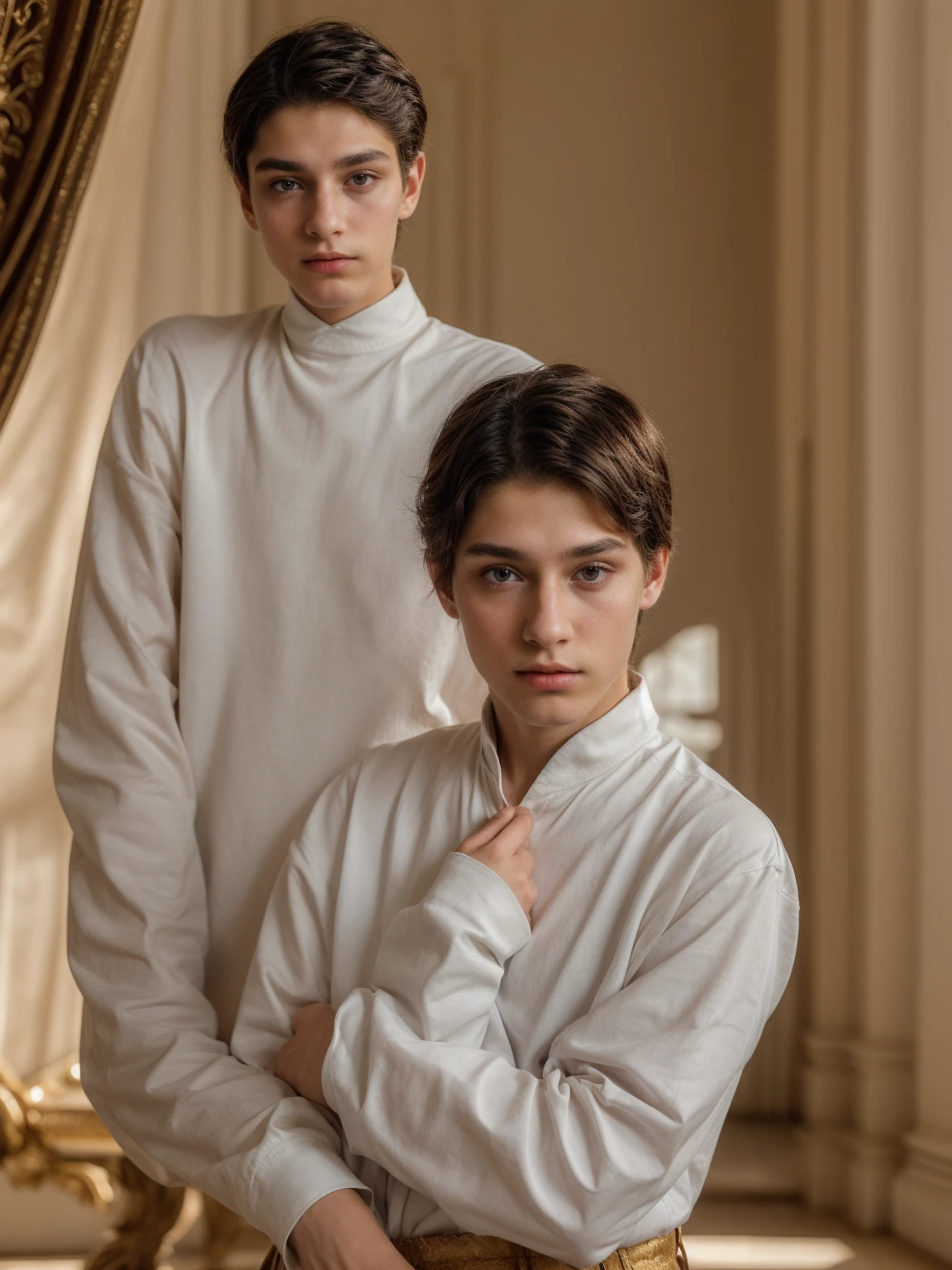 A young male twink with a face with makeup and black hair. He is wearing a white long-sleeved shirt and brown pants. He is in the royal palace, looking in amazement.