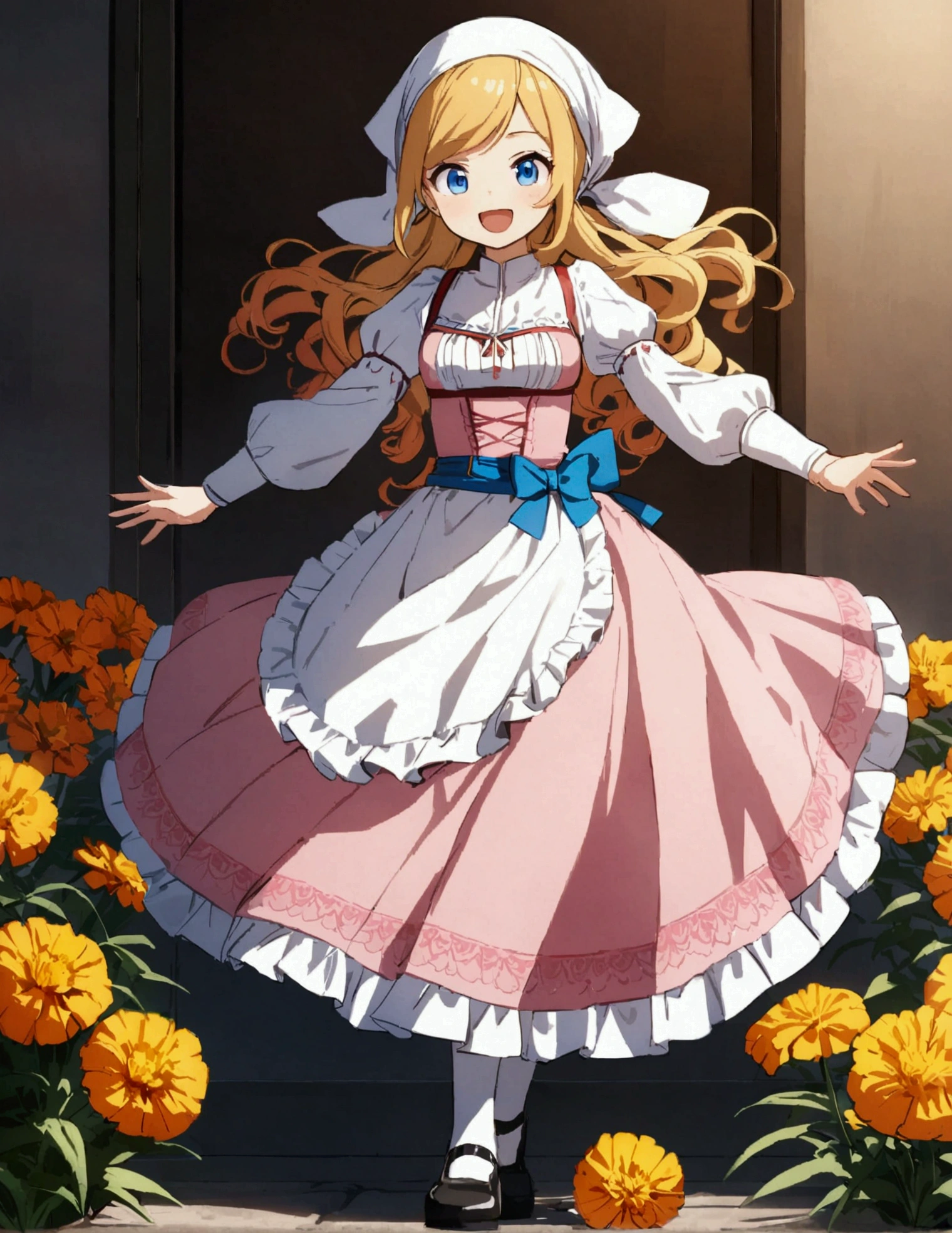 golden orange hair, gradient hair, very long hair, swept bangs, sidelocks, curly hair, wavy hair, (((((head scarf))))), head bandana, pink apron, flower in hair, marigold, orange flower, dirndl, pink dress, pink dirndl, long sleeves, waist apron, white apron, bow on waist, blue bow, , polish clothing, Slavic clothing, Hungarian clothing, anime, cute,, solo, exaggerated expression, smile, open mouth, blue eyes, white stockings, black shoes, full body
