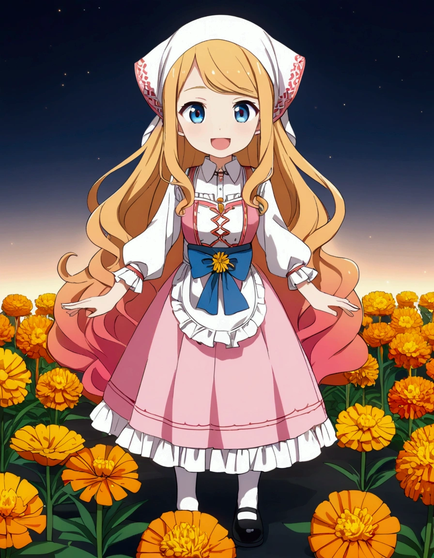golden orange hair, gradient hair, very long hair, swept bangs, sidelocks, curly hair, wavy hair, (((((head scarf))))), head bandana, pink apron, flower in hair, marigold, orange flower, dirndl, pink dress, pink dirndl, long sleeves, waist apron, white apron, bow on waist, blue bow, , polish clothing, Slavic clothing, Hungarian clothing, anime, cute,, solo, exaggerated expression, smile, open mouth, blue eyes, white stockings, black shoes, full body