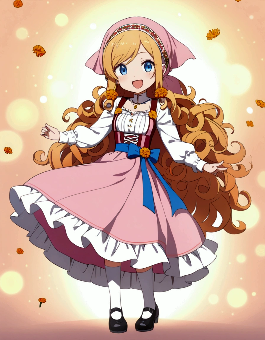 golden orange hair, gradient hair, very long hair, swept bangs, sidelocks, curly hair, wavy hair, (((((head scarf))))), head bandana, pink apron, flower in hair, marigold, orange flower, dirndl, pink dress, pink dirndl, long sleeves, waist apron, white apron, bow on waist, blue bow, , polish clothing, Slavic clothing, Hungarian clothing, anime, cute,, solo, exaggerated expression, smile, open mouth, blue eyes, white stockings, black shoes, full body