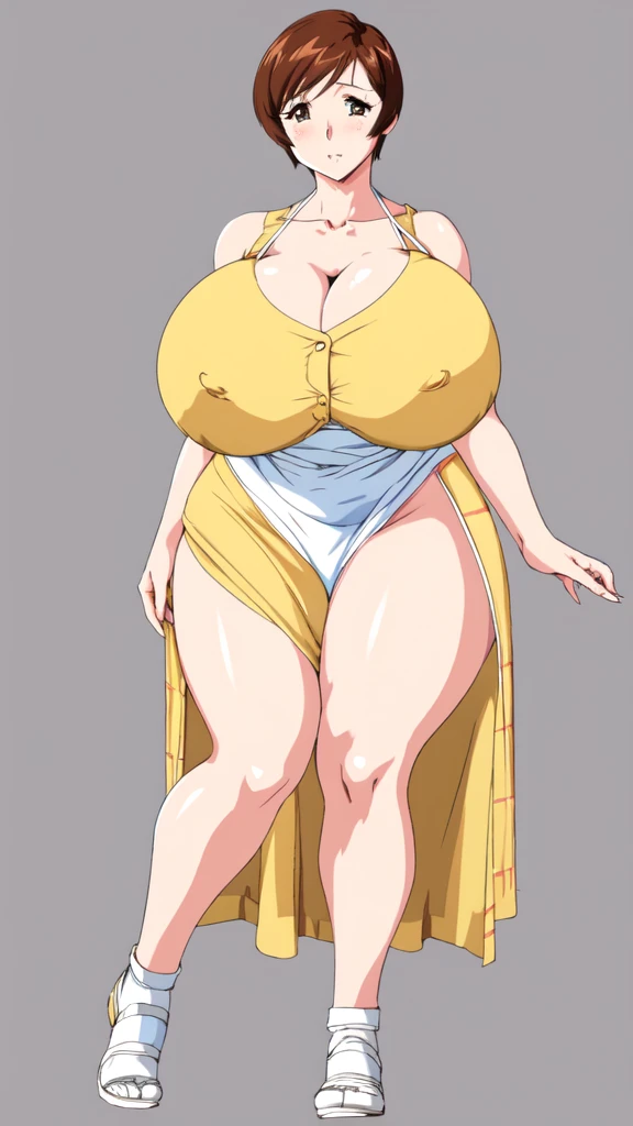 masterpiece, highest quality, High resolution, One girl, solo, sexual intercourse, Pornographic images, short hair, etsukoto, brown Eyes, fine grain, fine grain, (((Thick thighs, Plump thighs, Voluptuous thighs, Thighs alone are enough))), Huge and ample breasts, Cleavage, big long breasts, Naughty big,((big breasts are important))、((Naughty thighs)), L Cup, (thin:1.4),(Tight waist:1.4), (yellow dress:1.4), ((white waist apron)), white panties, (((Simple Background))), ((Wide Hips)), Shiny, Oily skin, Mature mother, Calf, Seductive mature woman, milf, Perfect body, Plus Size Model, curvy, ample, etsukoto, blush, clavicle, retro artstyle, 1990s (style), (thick thighs:1.4), Bare legs, ((bursting breast)), firm breasts, full body, feet,