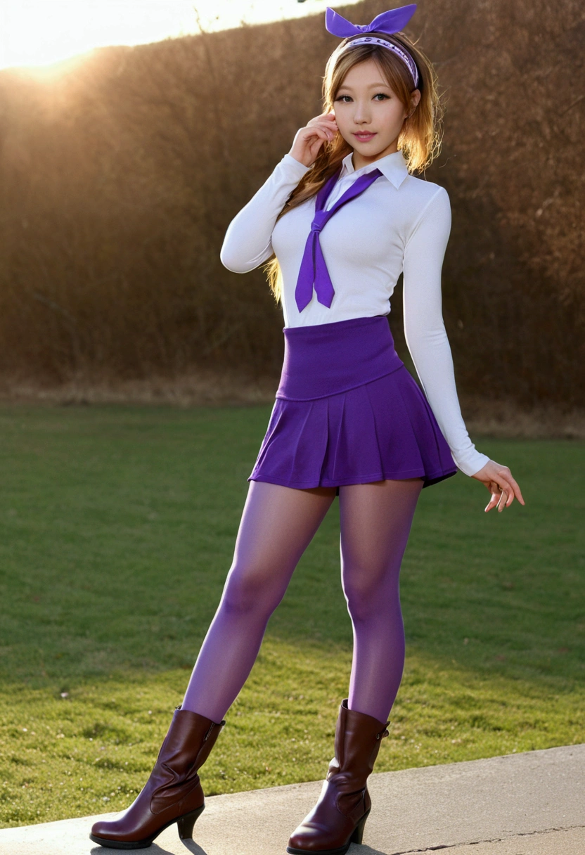Beauty, head band, very tiny miniskirt, purple pantyhose crotch, boots, sun shiny day