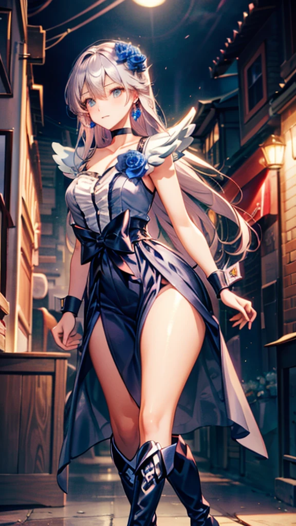 (Highly detailed CG), (Highest quality),(full body)，1 Girl,alone, black choker, earrings, blue flower, magical girl, waist bow, cure moonlight dress, jewelry, flower, wrist cuffs, single elbow glove, boots, eyelashes,Perfect Face,  Shiny skin, Shiny skin, Wide Hips,Tight waist,Knee-high boots，Elbow Bag,1 Girl, Long Hair, Big Breasts，Thick thighs，sunset，Octane，Cowboy Shot, (Pose in front)，