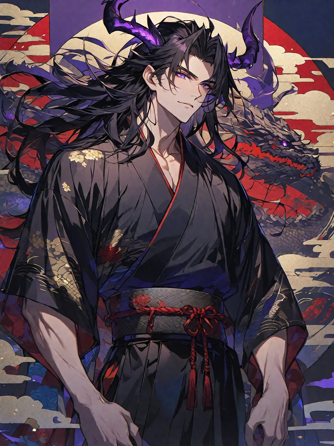 One, handsome, 1 man, with sporty body, V-shaped body, He's wearing a black kimono, dragon horns, long hair, black hair, bright purple eyes, Against the background of Japanese themes, red threads, dark light
