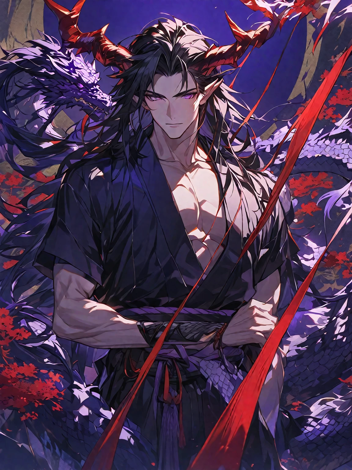One, handsome, 1 man, with sporty body, V-shaped body, He's wearing a black kimono, dragon horns, long hair, black hair, bright purple eyes, Against the background of Japanese themes, red threads, dark light