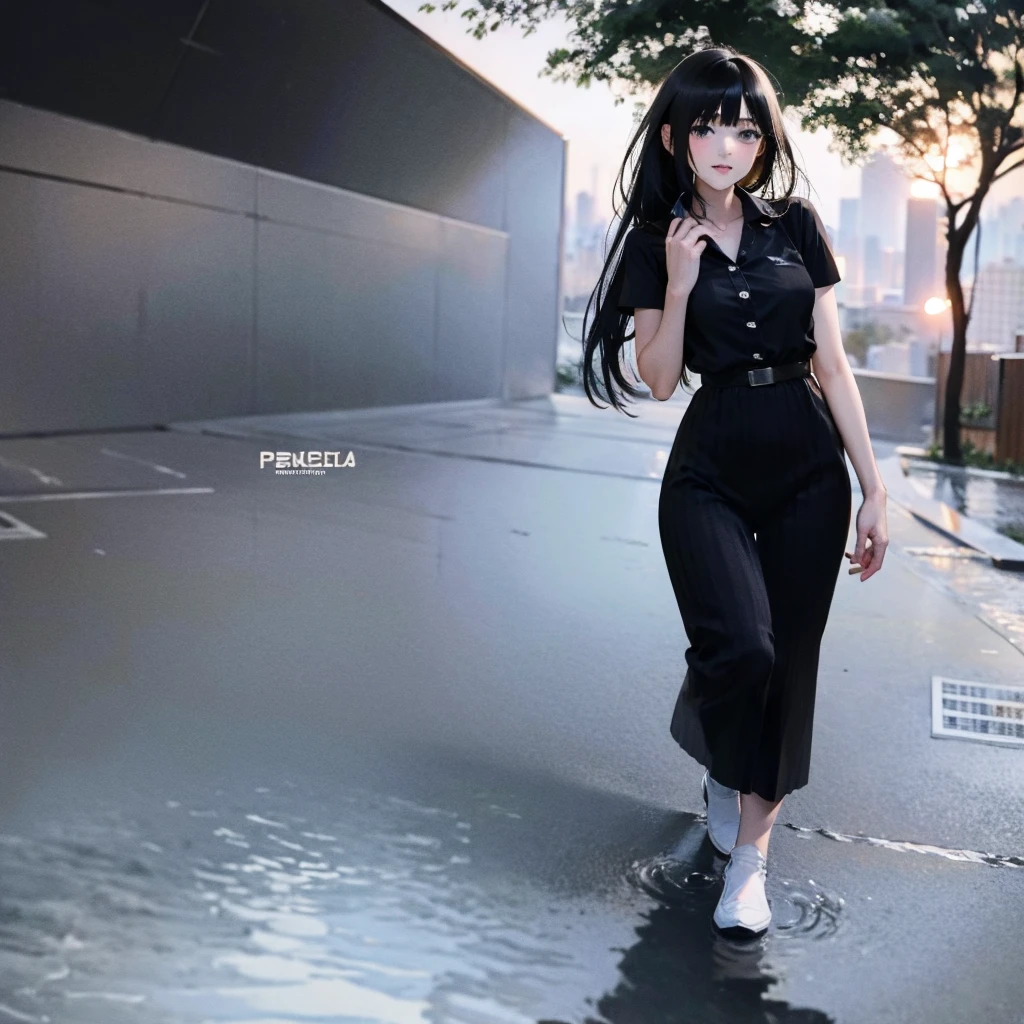 Black hair girl standing alone while it's raining