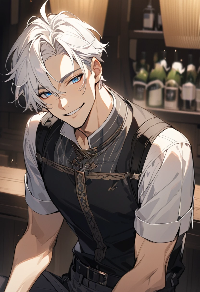 Handsome, solo, 1 male, super short hair, white hair, smile facial, (((shirt))), blue eyes, загадочное выражение лица, загадочная улыбка