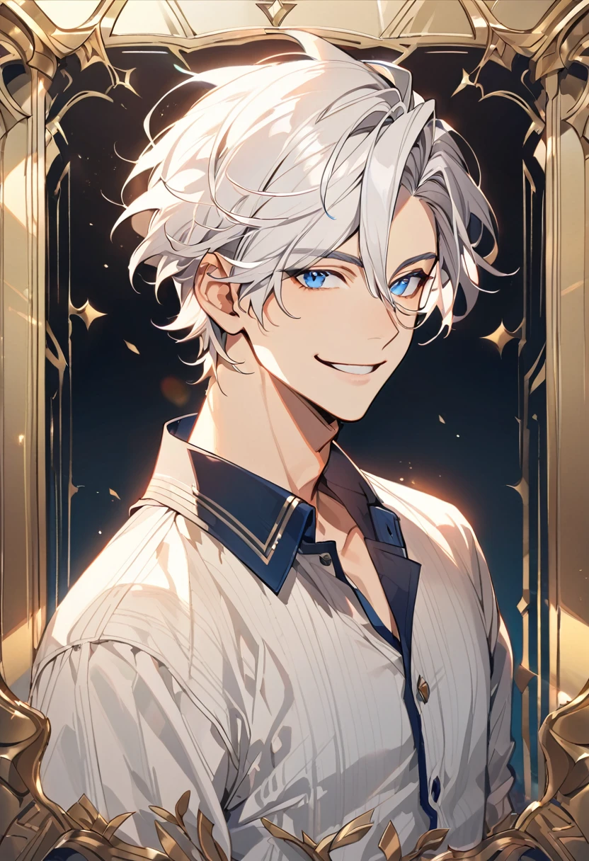 Handsome, solo, 1 male, super short hair, white hair, smile facial, (((shirt))), blue eyes, загадочное выражение лица, загадочная улыбка