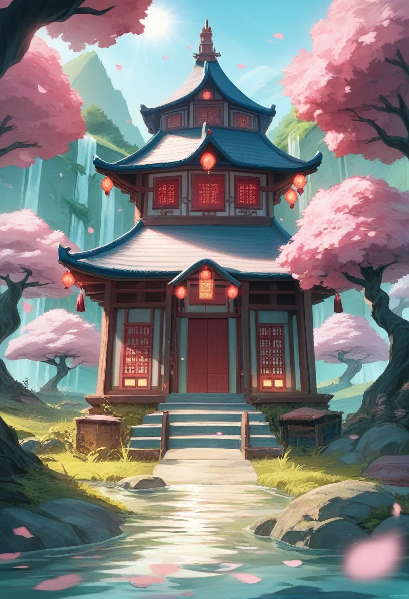 4K, realisitic, very detailled, wide angle lens, damp medieval town, Vibrant, fantastic plants, a big house, Makoto Shinkai style, anime background, conceptual artwork, (no characters appearing), realisitic lighting, epic composition, Diffuse, (work of art, best qualityer), super HD, 32K --v 6, (((cherry blossom leaves all over the view))) "Create a detailed illustration of a majestic mountain town in an ancient Chinese fantasy world, with the grand Aura Lotus Temple as its focal point. The town should be nestled among lush, green mountains with waterfalls cascading into crystal-clear rivers. Traditional Chinese buildings with curved roofs and lanterns should blend harmoniously with the natural landscape. The Aura Lotus Temple should stand prominently with sweeping roofs, intricate carvings, and surrounded by a serene lotus pond filled with glowing lotus flowers. Include townspeople and monks with subtle magical elements, like floating lanterns and enchanted flora, going about their daily activities. The entire scene should exude tranquility, mystical power, and enchanting beauty."
