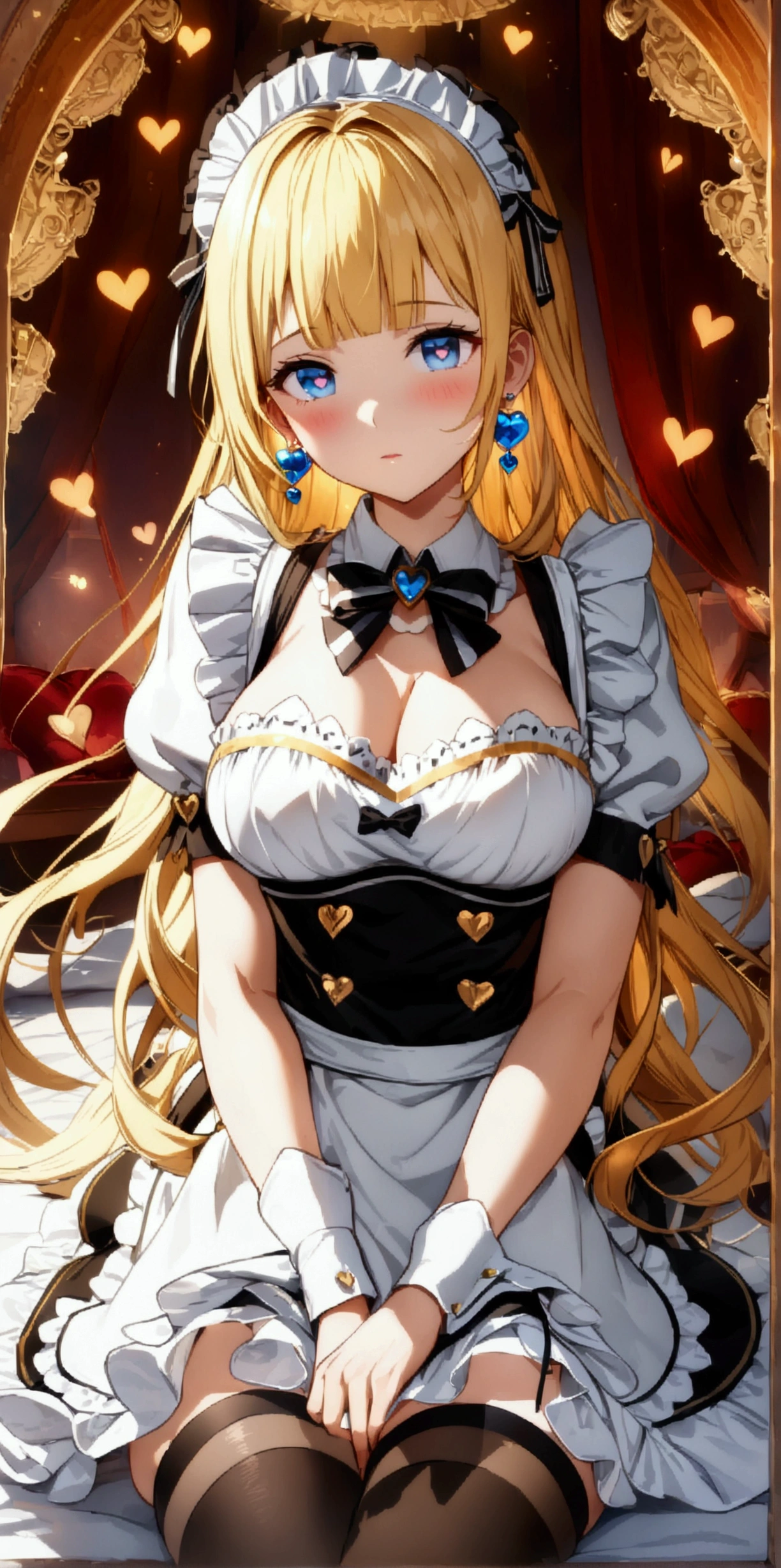 ((32k)), ((best quality)), ((ultra high res)), ((HDR)), ((UHD)), ((extremely detailed CG)), ((unity 32k wallpaper)), anime style, (), (ideal ratio body proportions), very long hair, blush, heart shaped eyes, heart shaped pupils, bangs, thighhighs, bow, jewelry, medium breasts, cleavage, curvy, maid uniform, mini skirt, (golden hair), (blue eyes), short sleeves, earrings, frills, white thighhighs, bowtie, cup, puffy short sleeves, wrist cuffs, thigh strap, detached collar, side-tie bikini bottom, thigh gap, table, single thighhigh, (bedroom), (upper body), from front, from below,