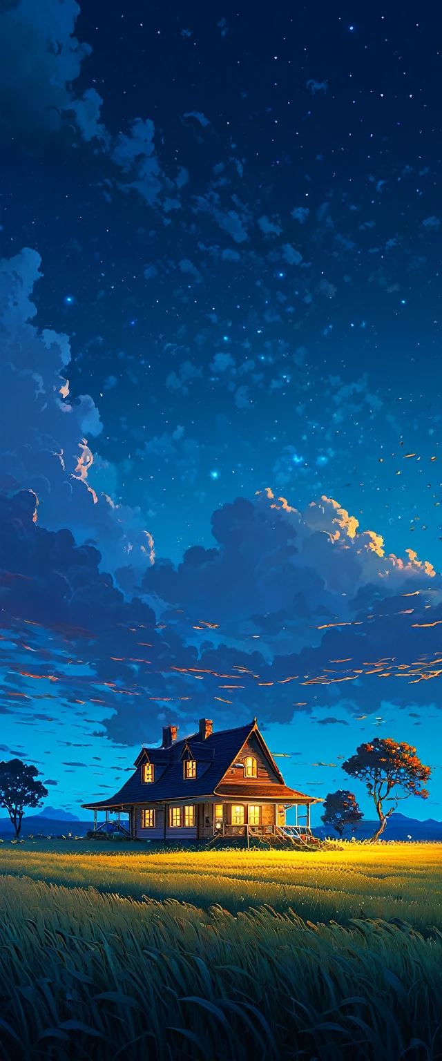  a house in the middle of a field under a night sky, animated background, animated background art, Beautiful anime scene, Over the clouds, Kilian Eng y Thomas Kinkade, Rob Gonsalves y Tim White., silvain sarriel, Rhads y Thomas Kinkade, inspired by RHADS, cyril rolando and m.I&#39;m confused, cyril rolando and m. I&#39;m confused, Rhads!!!
