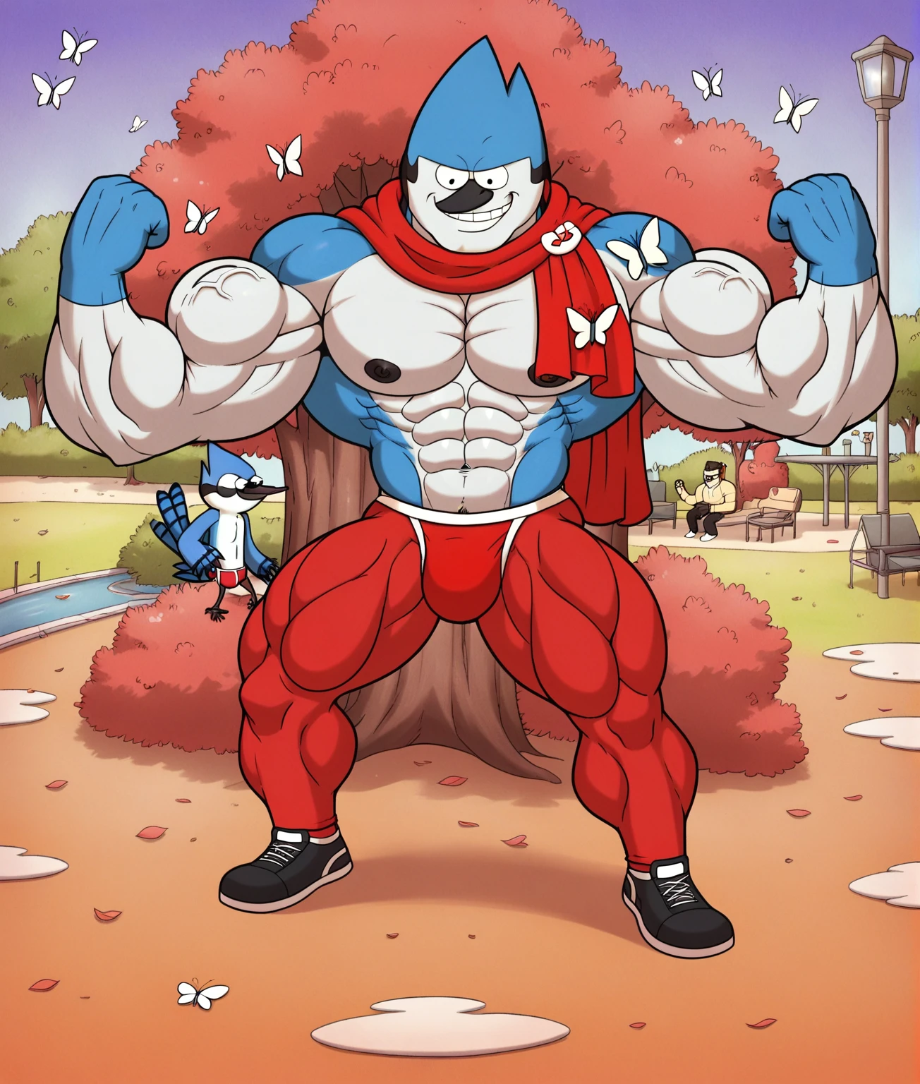 regularshow,   hi res,  score_9,score_8_up,score_7_up,      a blue jay listening to a music with a mp3 player,  while cleaning a park,  (sunny:1.3),  butterflies,  smiling, male focus, zPDXL,  zPDXLxxx,  flexing, muscular, lobo, the second, large pectorals, venous muscles, Huge muscles, flexing, wearing speedo, smilin