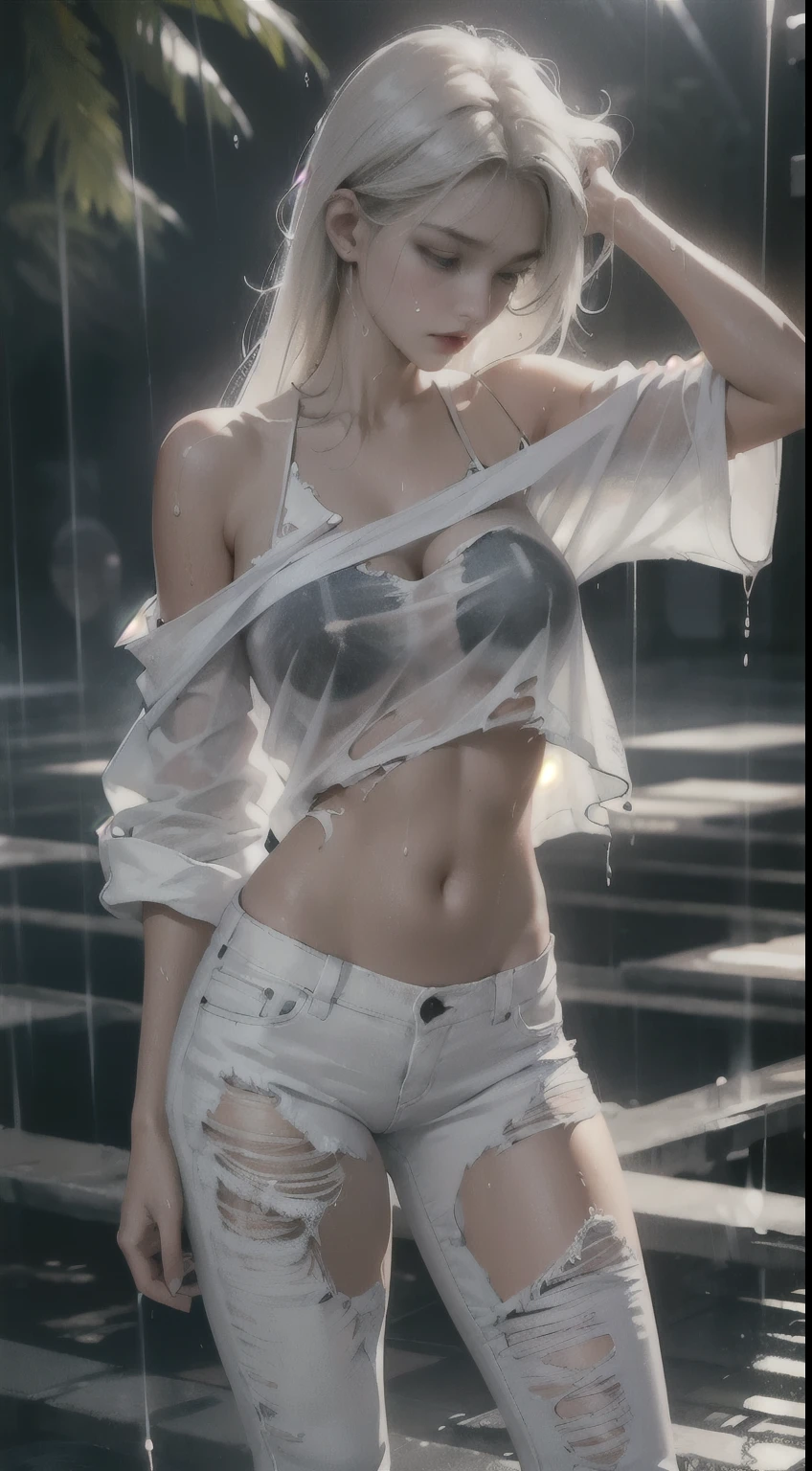 best image quality, masterpiece, super high resolution, (fidelity:1.4), photo, 1 girl, white shirt, torn jeans, white sneakers, dim, darkness, despair, pity, poor, movie, tears, teardrops, (torn clothes:1.5), (wet clothes:1.4), bare shoulders, real rain, wet hair,..