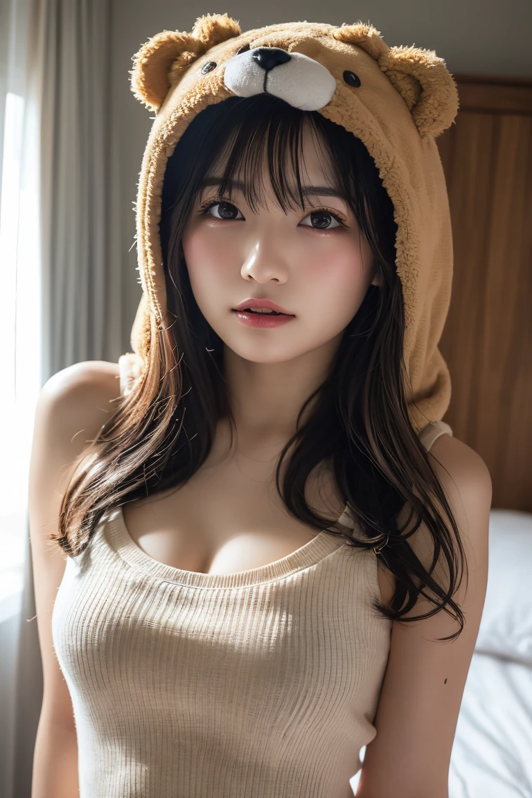 Em1lyW1ll1sV2-130, (Age 25), Long Hair, Modern photography, wear (bear costume), (Portraiture), Cute Bear Onesie Pajamas, Super soft light brown plush fabric, debtわdebtわフード, Cute bear hood, (35mm, debt/2.8) Photo debtocus, DOdebt, Aperture, Highly detailed and exquisite, character, Hypermaximalist, beautiful, reveal, Charm, Charm, Affectionate, Ultra-realistic, Very detailed, beautiful woman, ((Fine grain)), Long eyelashes, (Glossy Lips), in the her bed room, SFW