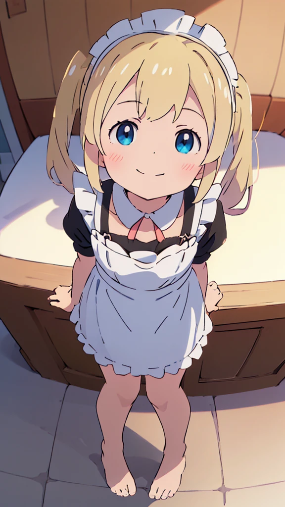 ((masterpiece))((Highest quality))girl、smile、blush、Flat Chest、Are thin、Blonde Hair、blush、Are standing、Whole body image、Even your toes are visible、Eye level on face、front、No background、真frontのアングル、A black maid outfit full of frills、Twin tails、Angle looking up from below、Fisheye Lens