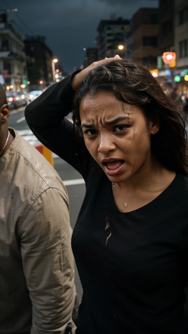 Create a highly realistic thumbnail image depicting a dramatic and emotional scene. A Black person is in the middle of a city street at night, showing signs of having been brutalized by a police officer. There is a bit of blood on their forehead, and their face displays an expression of deep sadness and anguish, with tears streaming down their cheeks. The person is screaming, their mouth open wide in a cry of pain and distress, with hands raised to their head in a gesture of despair.