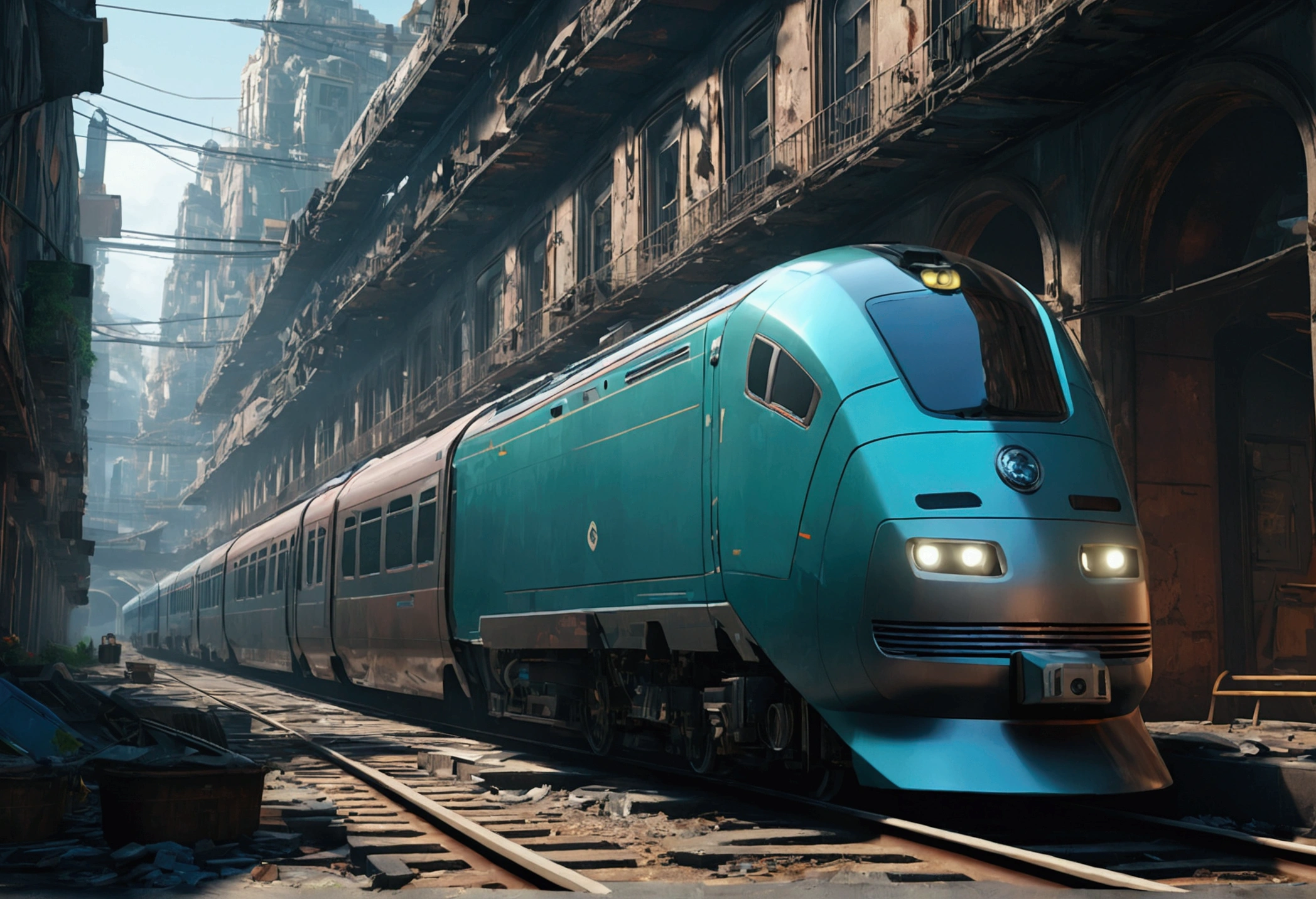 "Generate an ultra-detailed 4k CGI masterpiece (1.2 aspect ratio) featuring a train in a futuristic, post-apocalyptic city. Include (((highly detailed))) elements like ruins, shattered glass, and decaying buildings. Utilize cinematic lighting with chiaroscuro and ray tracing for the (((best quality))). Create a highly atmospheric scene with vibrant colors, dynamic shadows, and reflections. Incorporate futuristic technology, sleek lines, and powerful engines for a (((masterpiece))). Add a sense of danger, speed, and adrenaline rush through motion blur and dynamic perspective. Three related artists are Beeple, Mike Winkelmann, and Vitaly Bulgarov."