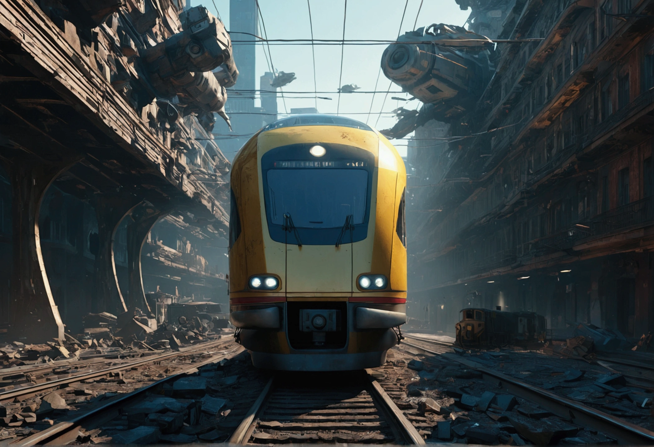 "Generate an ultra-detailed 4k CGI masterpiece (1.2 aspect ratio) featuring a train in a futuristic, post-apocalyptic city. Include (((highly detailed))) elements like ruins, shattered glass, and decaying buildings. Utilize cinematic lighting with chiaroscuro and ray tracing for the (((best quality))). Create a highly atmospheric scene with vibrant colors, dynamic shadows, and reflections. Incorporate futuristic technology, sleek lines, and powerful engines for a (((masterpiece))). Add a sense of danger, speed, and adrenaline rush through motion blur and dynamic perspective. Three related artists are Beeple, Mike Winkelmann, and Vitaly Bulgarov."