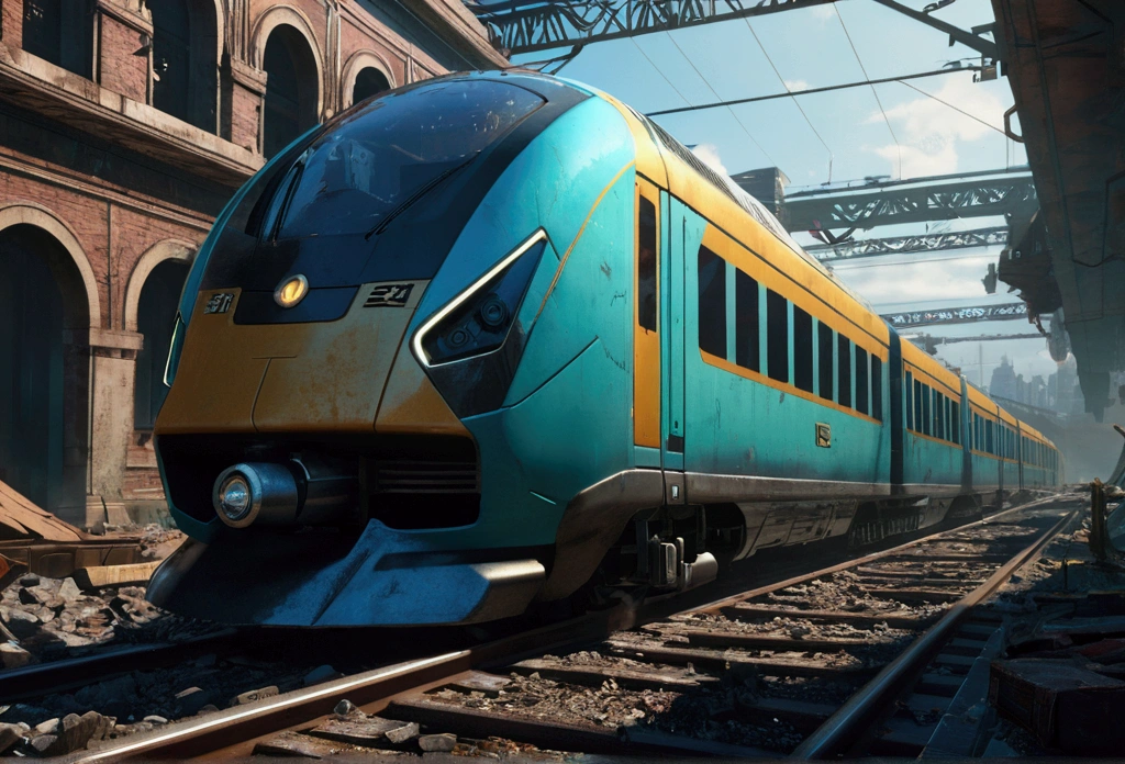"Generate an ultra-detailed 4k CGI masterpiece (1.2 aspect ratio) featuring a train in a futuristic, post-apocalyptic city. Include (((highly detailed))) elements like ruins, shattered glass, and decaying buildings. Utilize cinematic lighting with chiaroscuro and ray tracing for the (((best quality))). Create a highly atmospheric scene with vibrant colors, dynamic shadows, and reflections. Incorporate futuristic technology, sleek lines, and powerful engines for a (((masterpiece))). Add a sense of danger, speed, and adrenaline rush through motion blur and dynamic perspective. Three related artists are Beeple, Mike Winkelmann, and Vitaly Bulgarov."