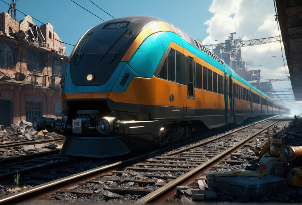 "Generate an ultra-detailed 4k CGI masterpiece (1.2 aspect ratio) featuring a train in a futuristic, post-apocalyptic city. Include (((highly detailed))) elements like ruins, shattered glass, and decaying buildings. Utilize cinematic lighting with chiaroscuro and ray tracing for the (((best quality))). Create a highly atmospheric scene with vibrant colors, dynamic shadows, and reflections. Incorporate futuristic technology, sleek lines, and powerful engines for a (((masterpiece))). Add a sense of danger, speed, and adrenaline rush through motion blur and dynamic perspective. Three related artists are Beeple, Mike Winkelmann, and Vitaly Bulgarov."