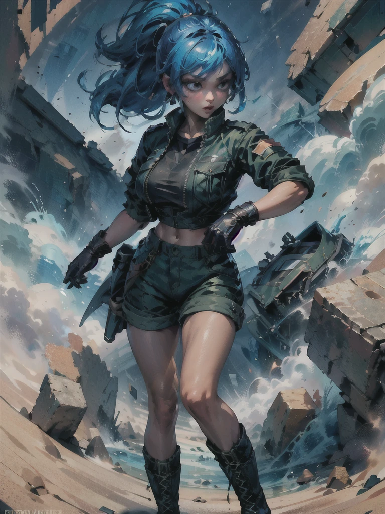 30-year-old woman, alone, athletic, blue hair tied in a ponytail, wears green military shorts, wears a green military top, wears dark gloves, has military boots, high resolution, perfect image, very detailed, high contrast, colors digital, simple, medium shot, cinematic, ultra-sharp focus, award-winning photography, perfect contrast, high sharpness, depth of field, ultra-detailed photography. global illumination, fluid, ultra high definition, 8k, Unreal Engine 5, ultra sharp focus, award-winning photography, Art Season Trends,
