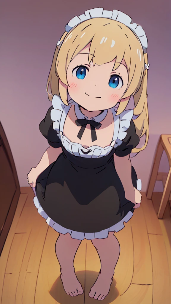 ((masterpiece))((Highest quality))girl、smile、blush、Flat Chest、Are thin、Blonde Hair、blush、Are standing、Whole body image、Even your toes are visible、Eye level on face、front、No background、真frontのアングル、A black maid outfit full of frills、Twin tails、Looking up angle、Fisheye Lens