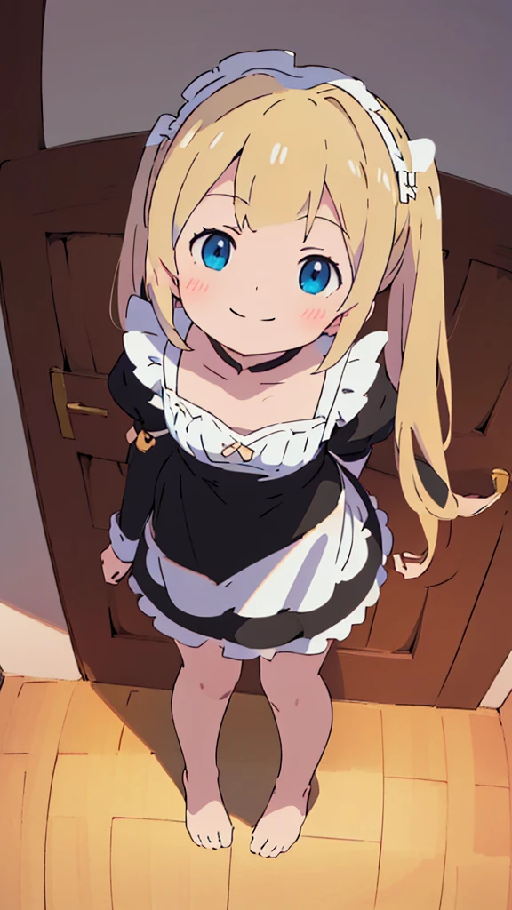 ((masterpiece))((Highest quality))girl、smile、blush、Flat Chest、Are thin、Blonde Hair、blush、Are standing、Whole body image、Even your toes are visible、Eye level on face、front、No background、真frontのアングル、A black maid outfit full of frills、Twin tails、Looking up angle、Fisheye Lens