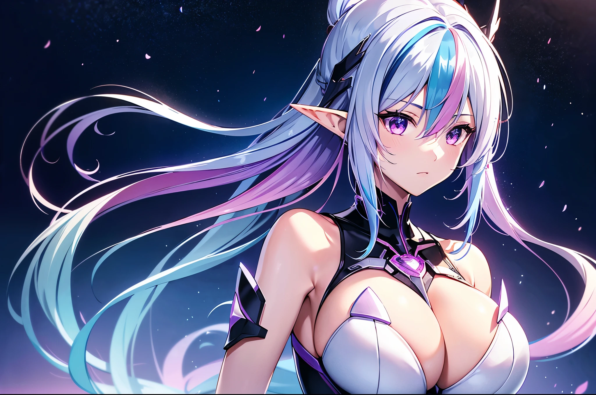1 elf girl, (beautiful elf lady), elf magician, one person solo, (Silver blue hair streaked pink purple:1.4), (Gradient sky blue hair ends:1.6), hair strand, absurdly long hair, single sidelock, wavy hair, shiny hair, floating hair, (glowing Illusion purple eyes), delicate eyes, aqua eyes, ultra-detailed eyes, colourful makeup, high detailed facial, upturned pointy elf ears, porcelain skin, warm tone skin, break,
White extra long dress, Technical clothing masterpiece, love and magic, several heart stars and Colored lights swirl around the body, (((large-scale multiple colours magic circle upright floating on the back of the head))), lot of heart in magic circle, In the city, on the street, looking at the starry night sky, night sky, cloud, heart, detailed background, shallow depth of field, meteor, break,
Full body, clean focus, realism, chiaroscuro, sparkle, ray tracing, cinematic lighting, cyberpunk future Godism artn, cyberpunk anime, award winner illustration, イーブイの絵, atmospheric perspective, best quality, 8K quality, UHD, 8K, super detail, masterpiece, highres, ccurate, retina, perfect CG, CG unity, complex, Octane Render
