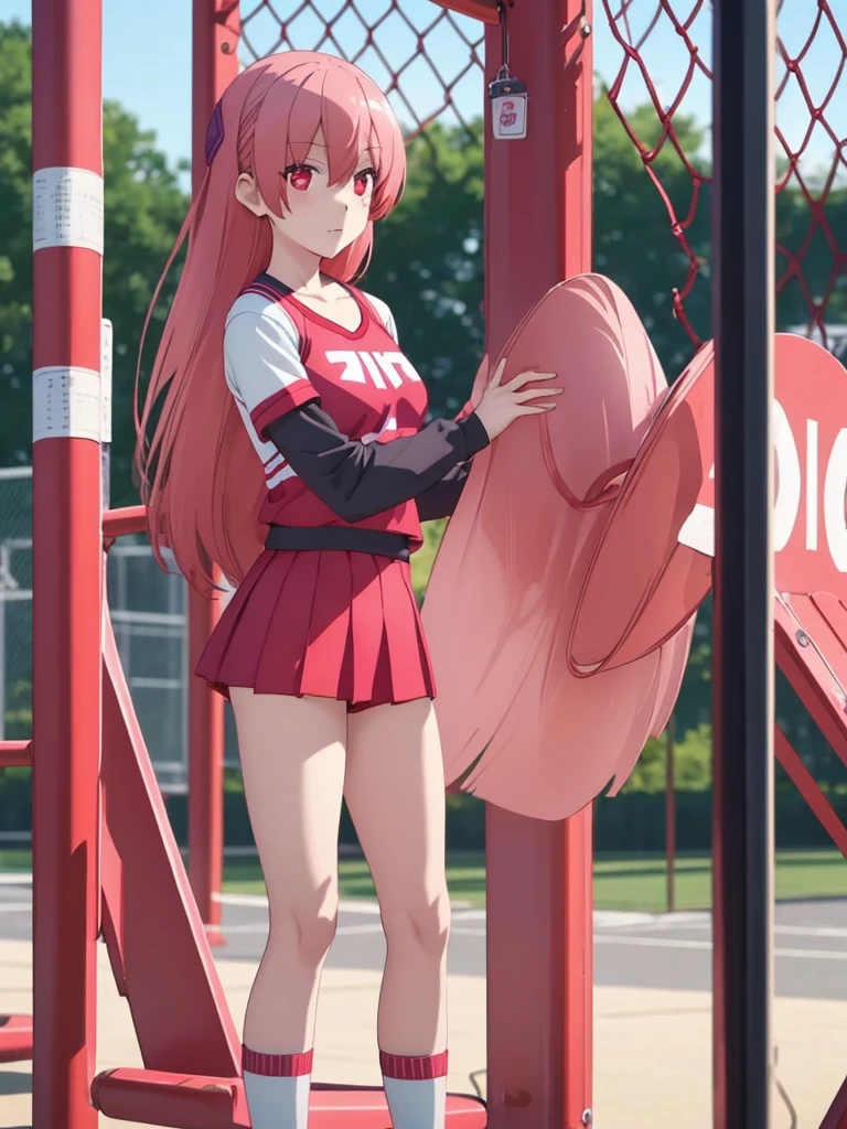 Tsukasa, 1girl, as a cheerleader, wearing a cheerleader outfit, at a playground, pink colour hair and red eyes, 8k, high detailed, high quality