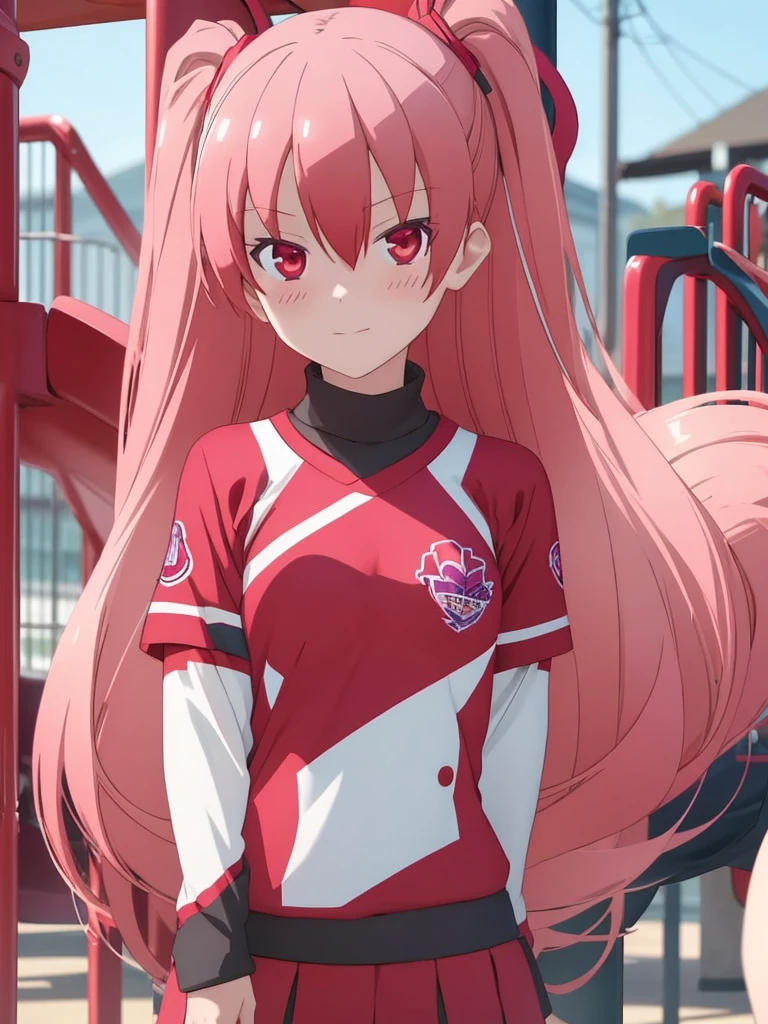 Tsukasa, 1girl, as a cheerleader, wearing a cheerleader outfit, at a playground, pink colour hair and red eyes, 8k, high detailed, high quality