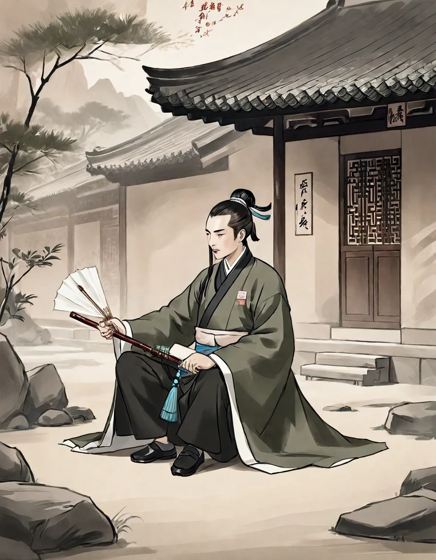 A man，Occupation: military advisor，Holding a feather fan，Dressed in cloth，Chinese classical martial arts style，The Image of Zhuge Liang。Sitting in the military camp and playing the guqin。Freehand ink painting style，Simple style，Declaring a sense of paper。