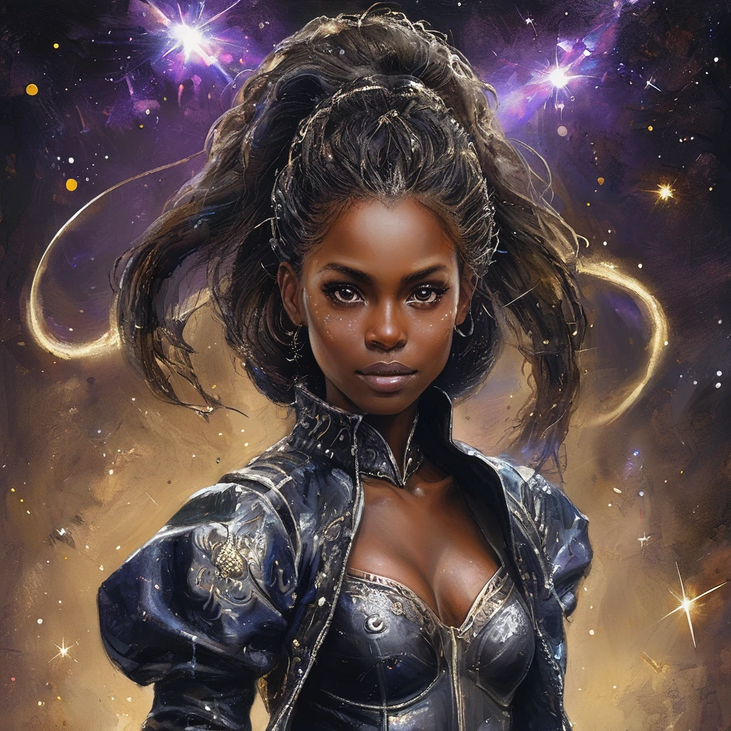 PORTRAIT, a battle angel portrait, beautiful black skin with sparkles and glitter, long long hair, shiny and lightening eyes detailed skin, image is compelling with dynamic composition and energetic posing. Include many fantasy details such as bumps, phantasmal iridescence, glitter, galaxy, cosmos, ((dark celestialskin body, void cosmic body)), (((dark background))), (((lights off))), (((hollywood dark))), horror, dramatic shadows, (in a dark fantasy space:1.3, glitter, sparkle, gleam) vector digital illustration, (black background:1.5)sharp