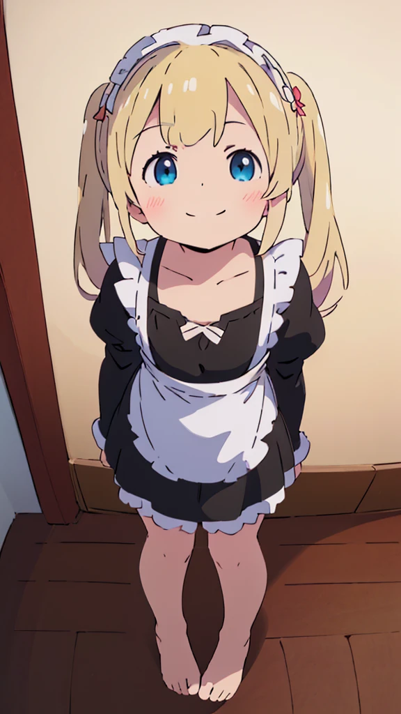 ((masterpiece))((Highest quality))girl、smile、blush、Flat Chest、Are thin、Blonde Hair、blush、Are standing、Whole body image、Even your toes are visible、Eye level to the feet、front、No background、真frontのアングル、A black maid outfit full of frills、Twin tails、Looking up angle、Fisheye Lens