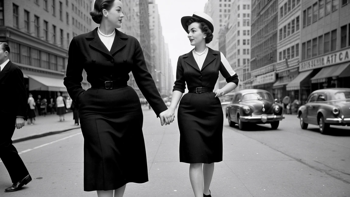 Realistic image of adult woman,  1950s,  walking down a New York street towards the viewer. Men pass by her and watch her. Fashion of the time, black andwhite, film noir, Analog film, hyperrealisti, Cinematic.