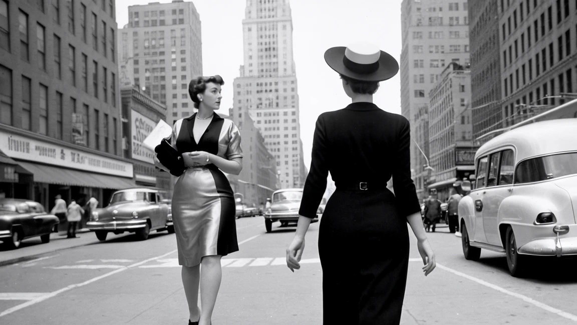 Realistic image of adult woman, 1950s, walking down a New York street towards the viewer. Men pass by her and watch her. Fashion of the time, black andwhite, film noir, Analog film, hyperrealisti, Cinematic.